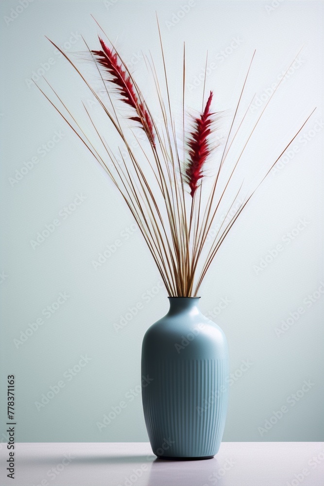 Dried red ornamental plants in a blue vase on a white table against a pale green background.