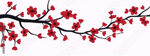 Delicate red cherry blossom branch on white background, perfect for spring and Asian-inspired designs.