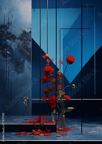Blue and red roses in a blue and black geometric vase in front of a blue background with blue and black geometric shapes