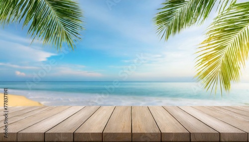Tropical Tranquility: Wooden Table with Seascape and Palm Leaves
