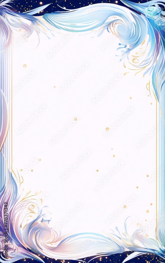 Blue and white ethereal frame with golden accents, digital art, art nouveau. Blue and white ethereal frame with golden accents, digital art, art nouveau.