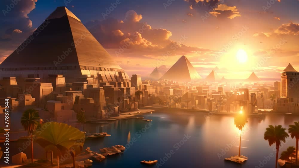 A vibrant painting capturing the majestic Pyramids of Egypt as the sun sets over the horizon, An ancient Egyptian cityscape with pyramids and the Sphinx, AI Generated