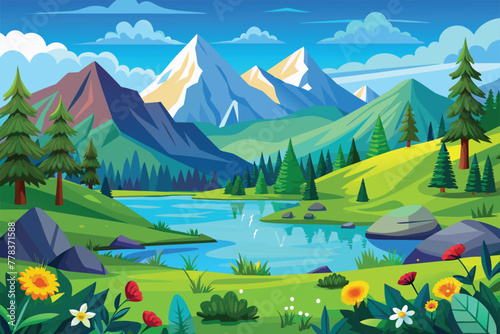  Mountain lake landscape vector illustration. Cartoon flat panorama of spring summer beautiful nature, green grasslands meadow with flowers, forest, for kids background, generative ai