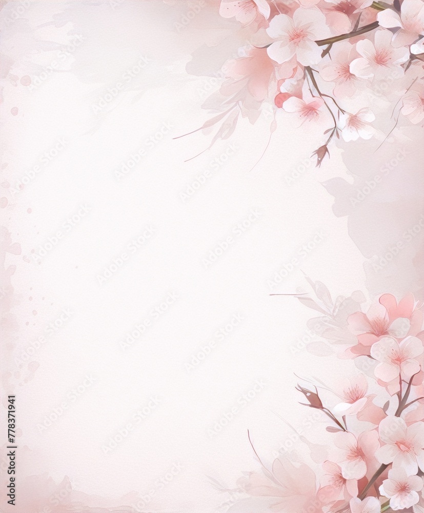 Delicate cherry blossom branches with pink flowers on a light pink background in watercolor style, perfect for spring and Easter cards and invitations.