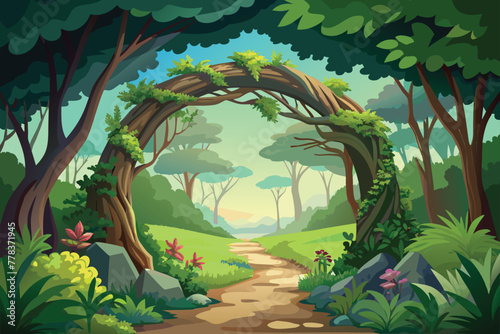 Natural archway shaped by branches in the forest ,for kids background vector illustration.ai generated