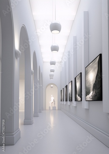 White minimal gallery interior with arches and contemporary art paintings on the walls © kalamjamila