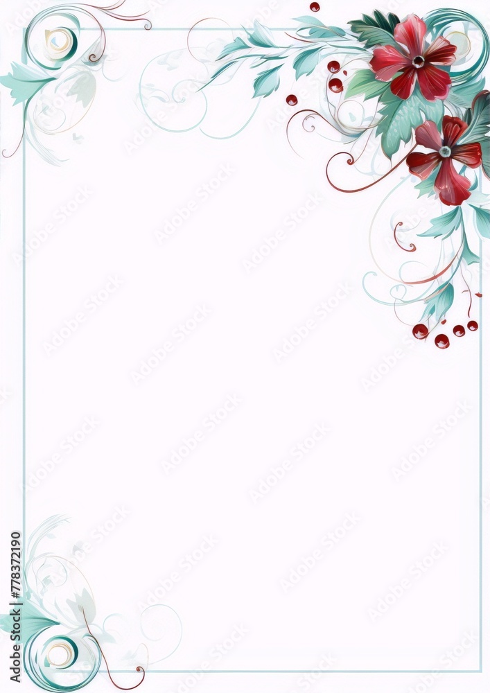 Delicate red and green floral frame with swirls on a white background, perfect for wedding invitations, save the dates, and greeting cards.