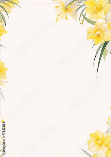 Yellow watercolor daffodils frame on a beige background, botanical, art deco, interior, digital art.