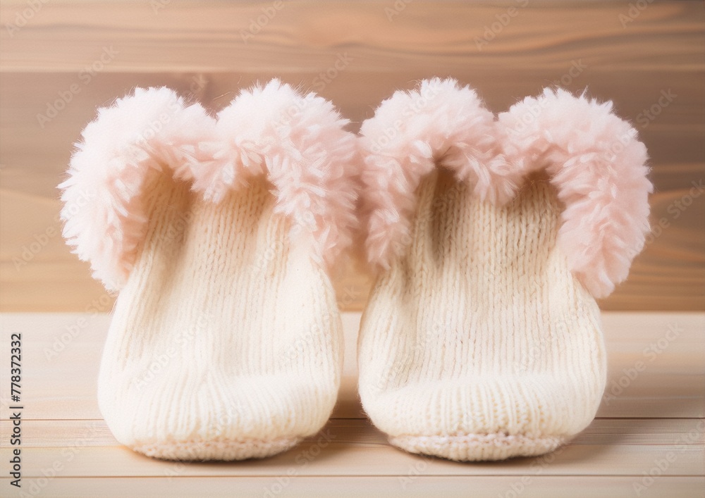 Handmade white and pink baby booties with fur on a wooden background. Handmade white and pink baby booties with fur on a wooden background.