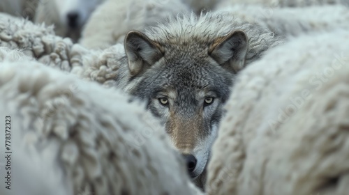 A wolf in sheep s clothing. Dangerous predator pretends to be an innocent animal. The concept of duplicity. Predatory wild cunning wolf personification of the false prophet.