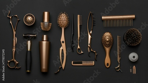 Professional hairdressing tools against black background