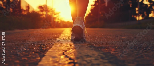 Athletic legs on paved road during sunrise or sunset - concept of healthy living toned down with a retro vintage Instagram filter effect app or action with an inspirational quote added. photo