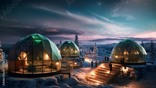 A collection of domes resting on a snowy landscape, An igloo village under the Northern Lights, AI Generated photo