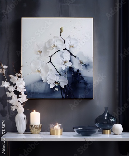 Painting of white orchids with dark blue background in?????