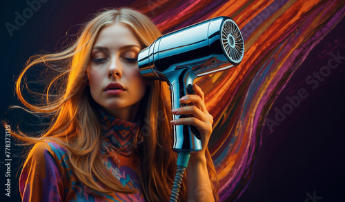 Young beautiful girl doing hairstyle with hair dryer. Colorful creative background