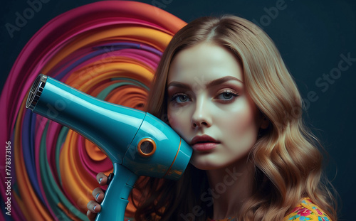 Young beautiful girl doing hairstyle with hair dryer. Colorful creative background © Mark&Toby Image Co.