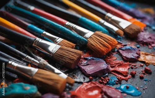 A row of paint brushes in vibrant colors like violet, magenta, and electric blue