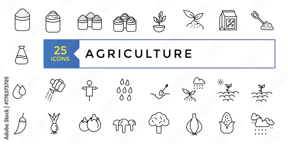 Agriculture line icon set. Innovative technologies for managing farm or agriculture. pring growth stage, seeds, seedling, drought, soil testing, agriculture vector illustration.