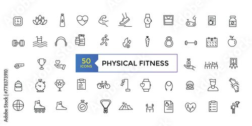 Set of physical fitness icons related to wellness, wellbeing, mental health, healthcare, cosmetics, spa, medical. Outline icon collection.