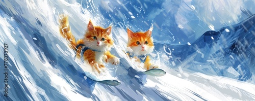 Watercolor illustration of adventurous cats snowboarding down a snowy mountain