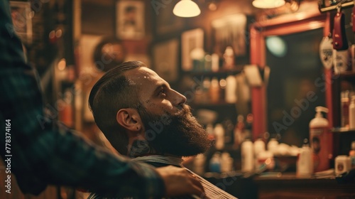 A young bearded man in a barbershop getting hair cutting service from a barber.