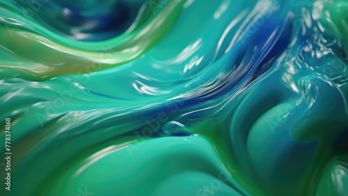 The close up of a glossy liquid surface abstract in cool blue and green colors with a soft focus. 3D illustration of exuberant. generative AI