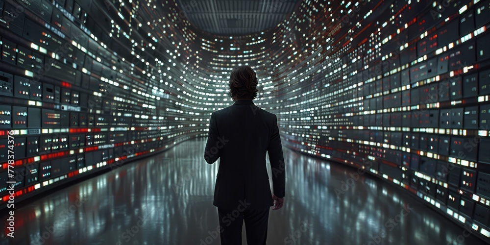 Obraz premium A Dapper Gentleman Strolls Amidst a Twinkling Pathway of Illumination