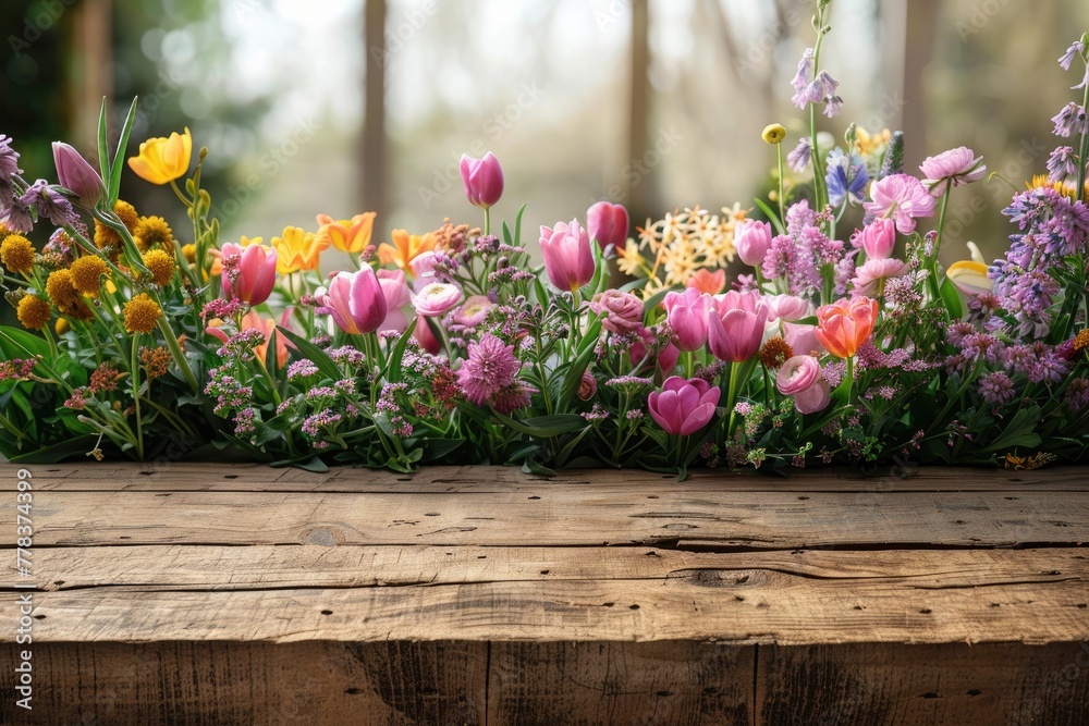 Lovely springtime flowers, a blank wooden table, and copy space. Generative Ai Lovely springtime flowers, a blank wooden table, and copy space. Generative Ai