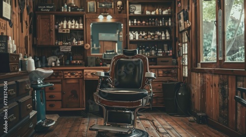 A stylish vintage-looking barber chair is situated in a wooden-themed interior, creating a classic barbershop atmosphere. photo