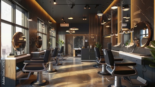 A modern barbershop with sleek chairs, large mirrors, and stylish lamps. photo