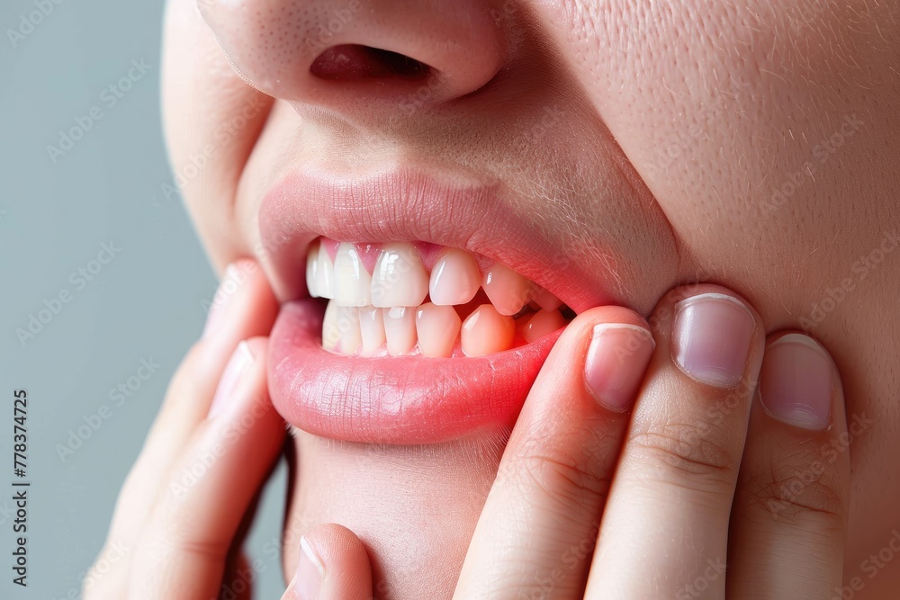 Fototapeta premium Man experiencing dental pain, periodontal disease in his wisdom teeth, and toothache. Generative Ai