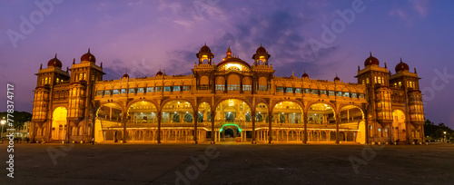 Spectacular Light illumination of Royal Mysore Palace is illuminated with 97000 electric bulbs on Sundays, national holidays & during ten days of Dasara Celebrations. Mysore, Karnataka, India.	 photo