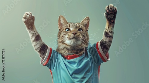Digital art of a cat wearing a soccer jersey executing a perfect header