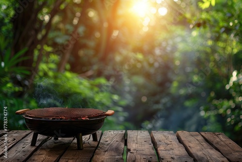 Table with a grill in the summertime background, copy space, and BBQ. Generative Ai