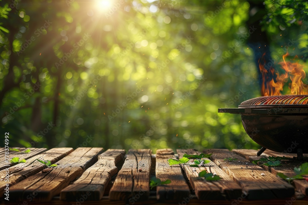 Table with a grill in the summertime background, copy space, and BBQ. Generative Ai Table with a grill in the summertime background, copy space, and BBQ. Generative Ai