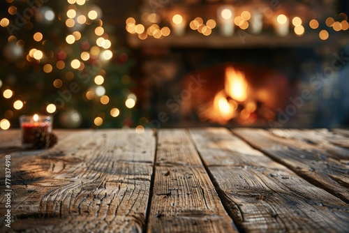 Wooden table with background of fireplace and Christmas tree in blur. Generative Ai