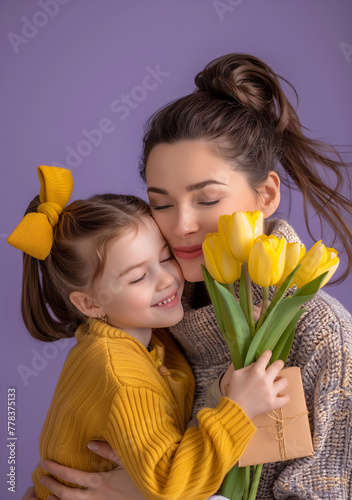 Little daughter kisses and hugging her mother with yellow flowers tulip and gift box. Purple studio background. Mothers day concept, Ai generated