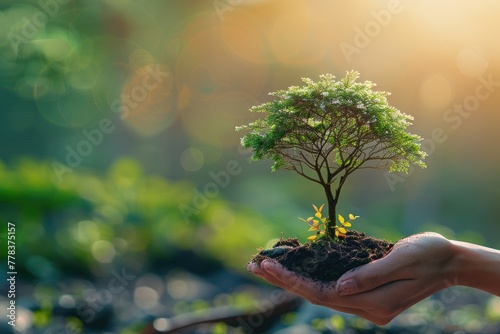 Tree-planting hand holding a seedling tree. idea of Earth Day ecology. Generative Ai