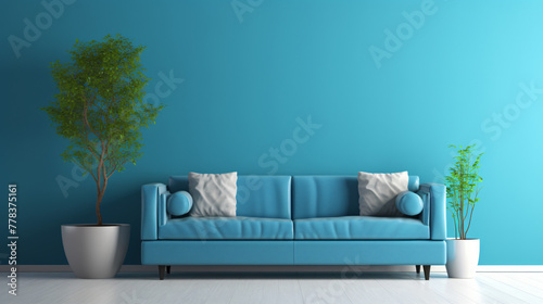 blue armchair against blue wall in living room intel photo