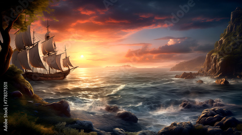 ship in the sea at sunset landscape sunrise