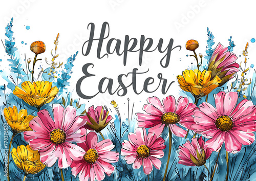 Happy Easter sign, easter greeting card, colorful spring flowers, postal greeting card size standard 148*105 