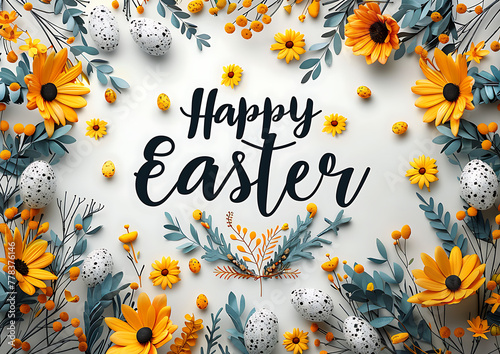 Happy Easter sign, easter greeting card, colorful spring flowers, postal greeting card size standard 148*105 
