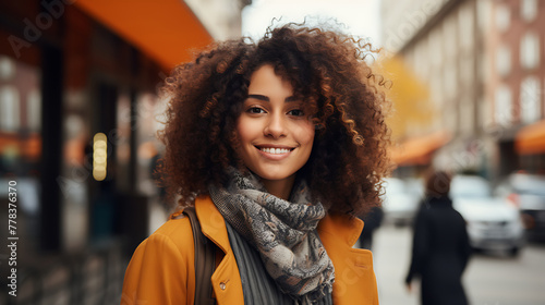 Beautiful young african american woman with afro hairstyle wearing yellow coat and scarf walking on the street.