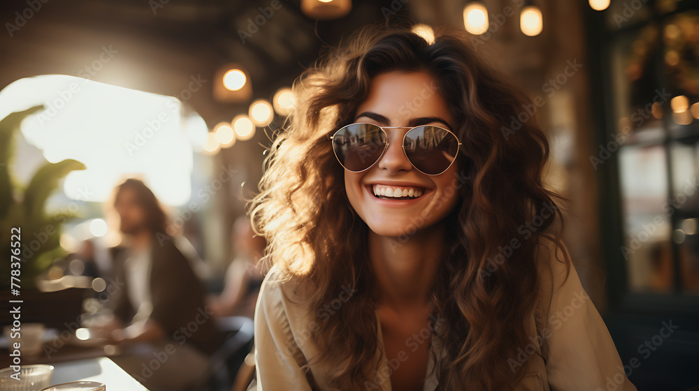 Portrait of a smiling young woman in sunglasses sitting in a cafe