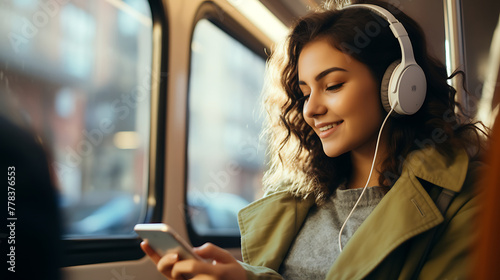beautiful young woman in headphones using smartphone and listening music in bus