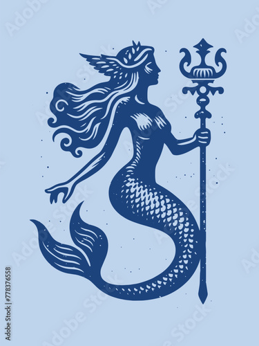 Beautiful mermaid holding a stick in her hand. Engraving vintage vector illustration, monochrome blue color. Woodcut. 