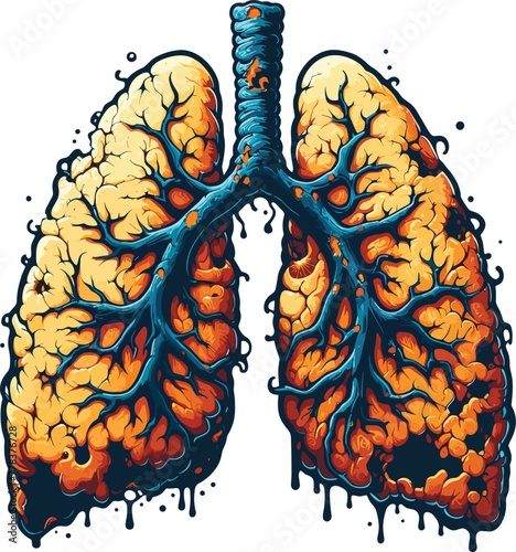 Adobe Illustrator Artwork Lung cancer stages. Respiratory system disease. Tumor, swelling, inflammation and metastasis in the human internal organ and lymph nodes. Health effect of tobacco smoking