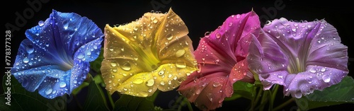 Four Different Colored Flowers With Water Droplets