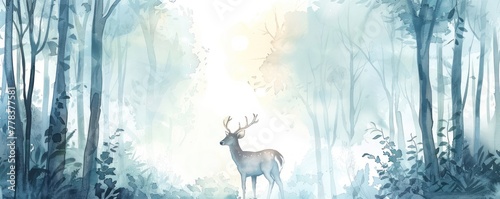 A gentle watercolor deer in a forest clearing at dawn