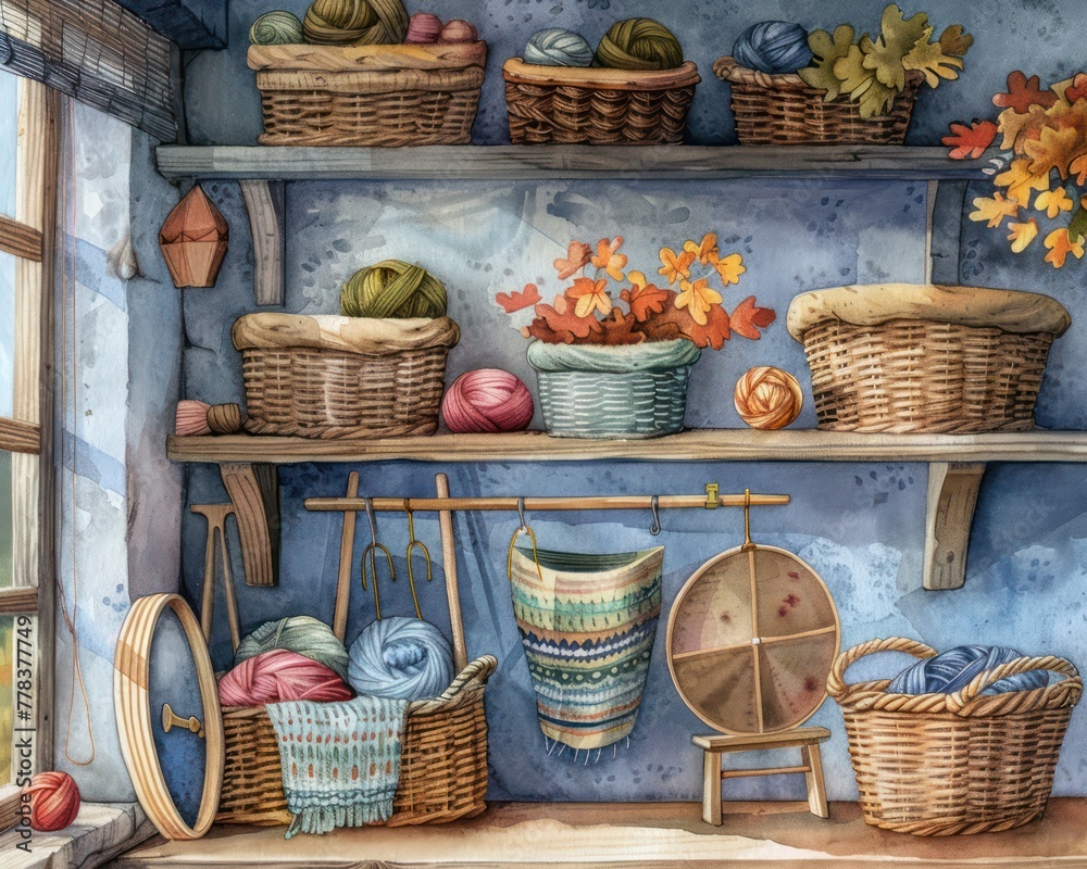 A cozy watercolor craft corner with baskets of wool
